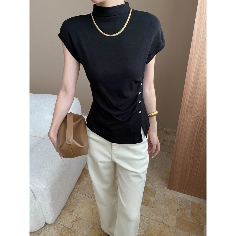 Sinan Intelligent Daily Design Side Button Slit Half-High Collar Slimming Short-Sleeve T-Shirt Sn8029