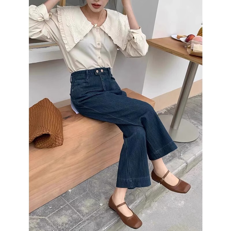 Vintage Wide-leg Jeans Women's Spring New High Waist Slimming chubby girl Loose Casual All-match Nine-point Straight Pants