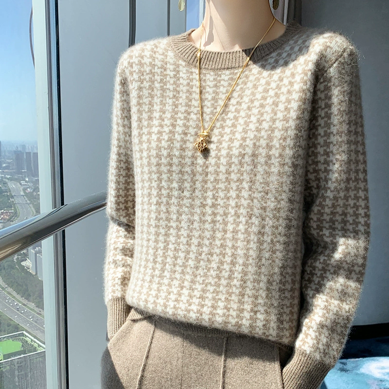 Женский шерстяной свитер с семью булавками, утолщенный с круглым вырезом, «гусиная лапка», осенне-зимняя новая модная универсальная кашемировая трикотажная нижняя рубашка