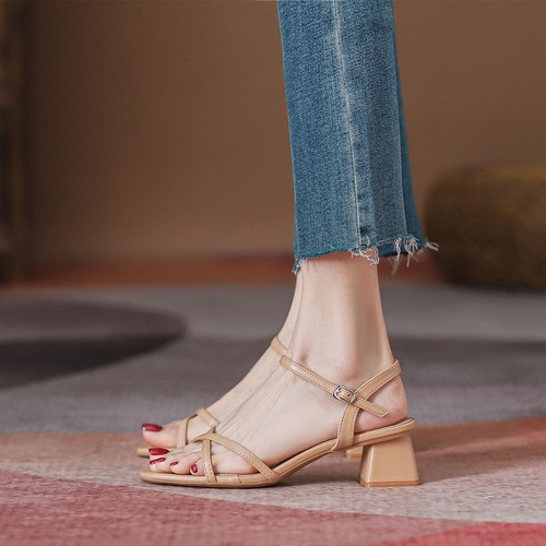 2024 summer new Korean version with skirt for women's shoes simple cross-band square toe open-toe sandals Korean version thick heel sandals for women