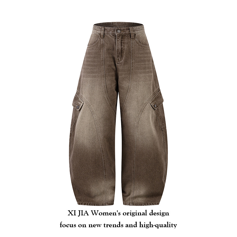 美式街头水洗弯刀解构工装牛仔裤女秋季新款宽松阔腿显瘦垂感长裤