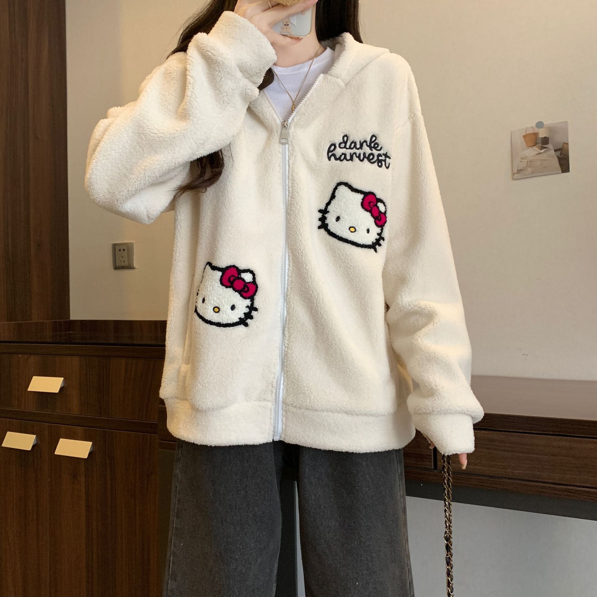 카디건 지퍼 스웨터 겨울 라이스 벨벳 슈퍼 소프트 기모 두꺼운 양고기 벨벳 헬로 키티 자수 재킷