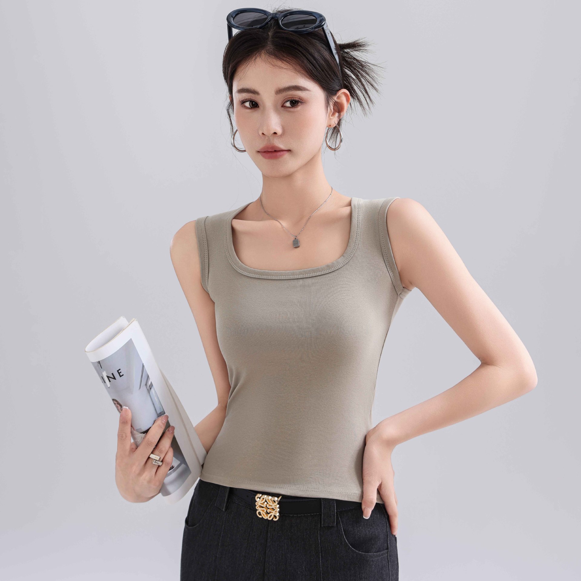 Spring and Summer Pure Cotton Camisole Women's Intimates with Wide Shoulders and Bottoming Tops Slim Pure Color Sleeveless T-Shirts