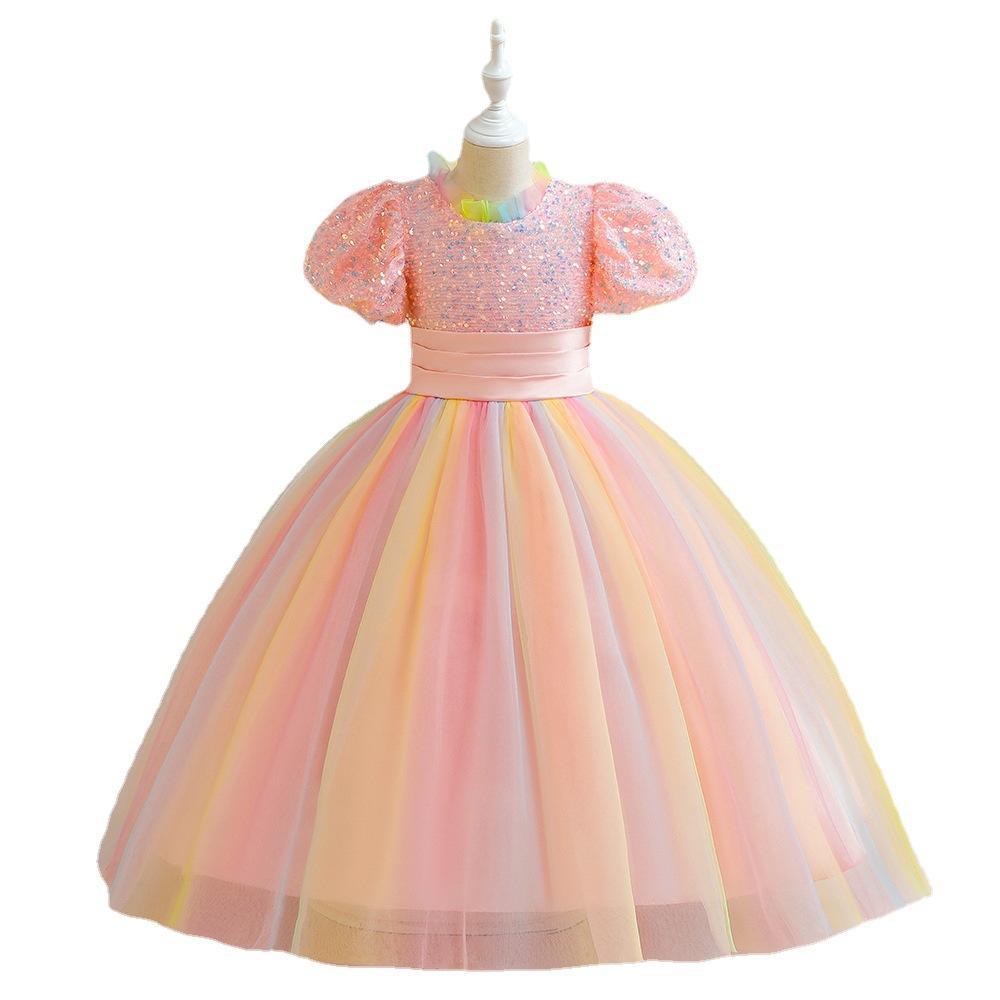 Comercio exterior niños vestido de lentejuelas vestido de novia puff manga colorido 61 coro rendimiento mullido hilo princesa vestido