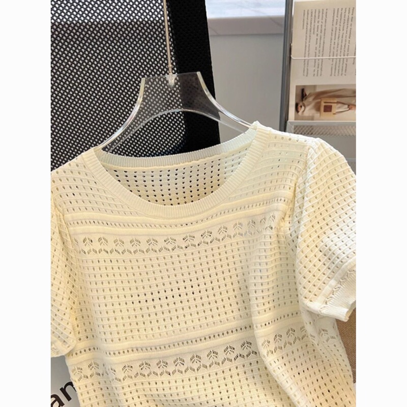 Chanel-Style 2026 New Hollow-Out Short Top White Ice Silk Knit Shirt Women's Summer Short-Sleeve Thin Blouse Chanel-Style 2026 New Hollow-Out Short Top White Ice Silk Knit Shirt Women's Summer Short-Sleeve Thin Blouse