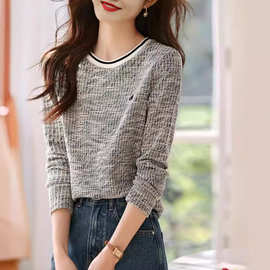小香风圆领长袖T恤女2025春季新款时尚休闲百搭气质显瘦针织上衣