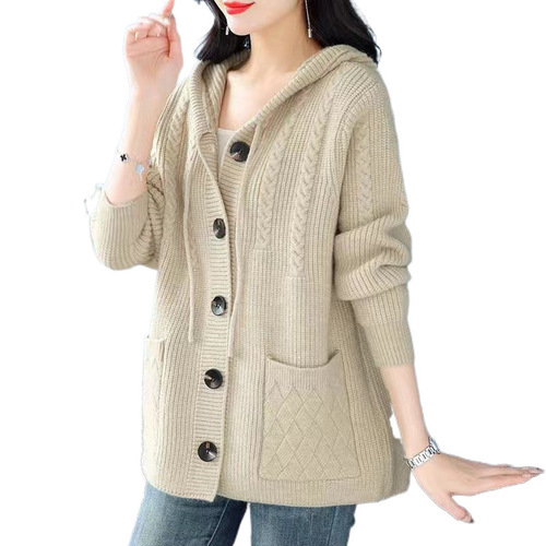 Spring and Autumn Season Mother Short Length Knitted Jacket Women Middle-Aged Loose Thick Knitted Top with Hooded Jacket Upper Garment Women
