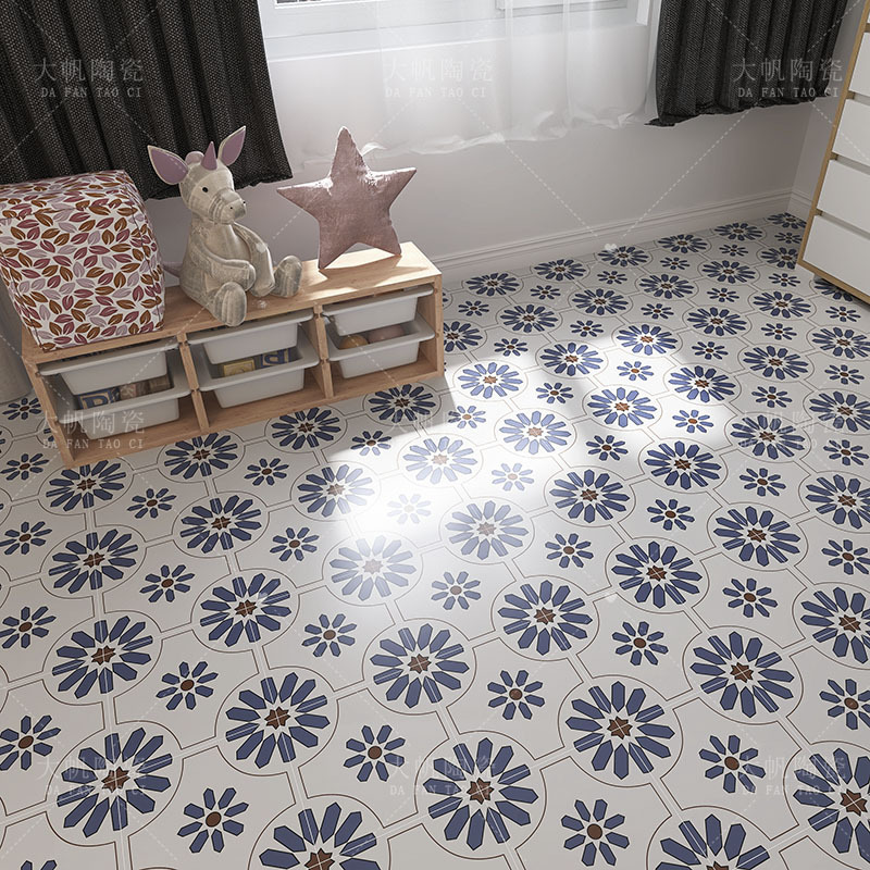 blue Retro Tile kitchen balcony Morocco non-slip floor tile 300 Entrance Corridor Parquet ceramic tile Customized