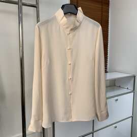 p350360yk3.16 早春新款包扣袖荷叶边立领桑蚕丝衬衫时尚百搭衬衣
