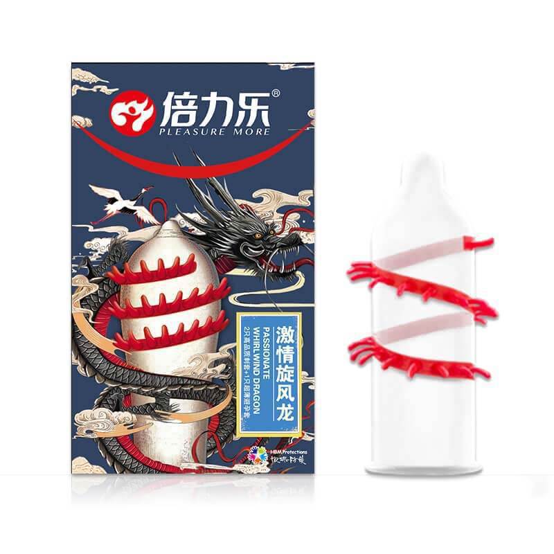 Peilixiao cuatro dragones espinosos con condón de interés, condón de pasión ciclón, dragón de cabeza, tiranosaurio para uso humano.