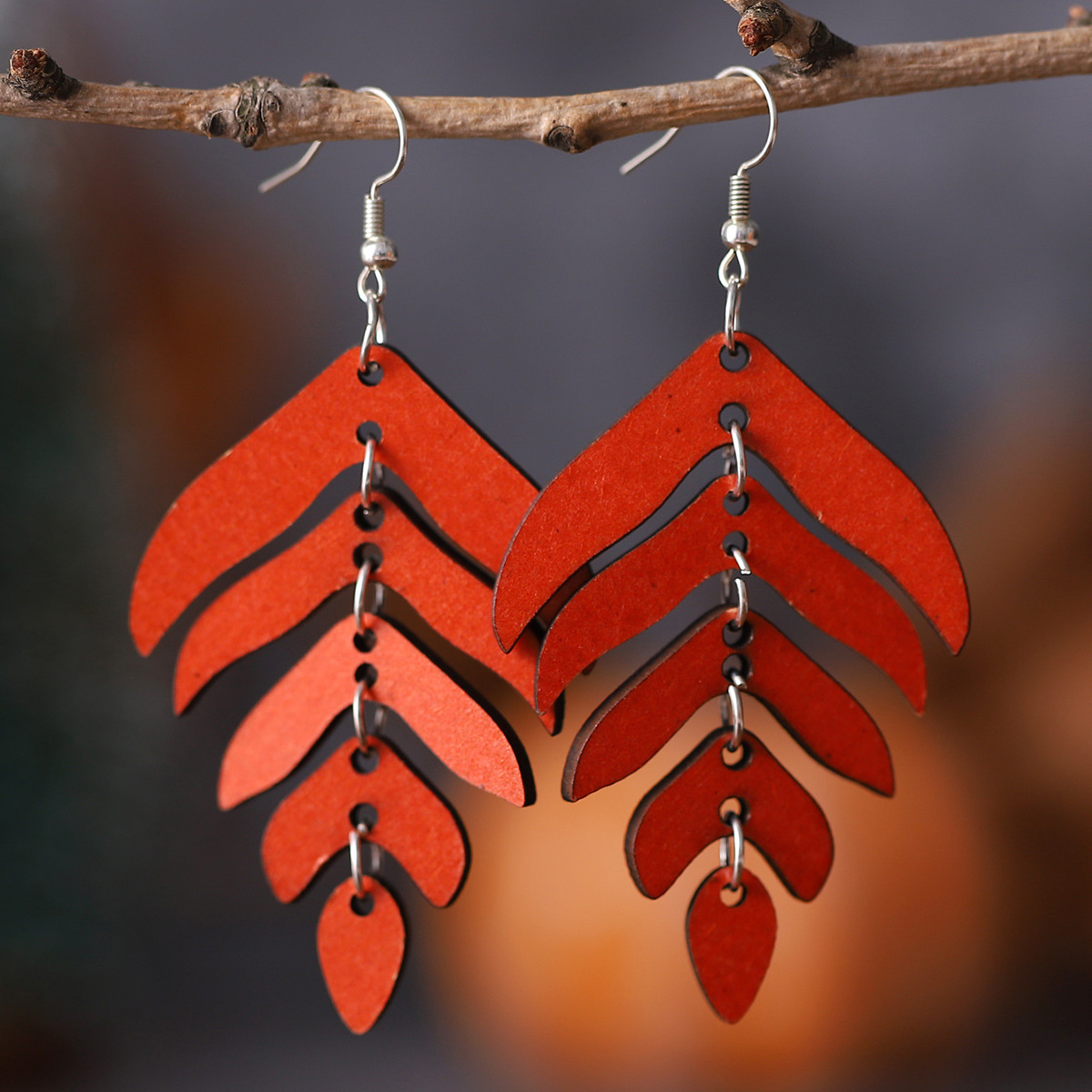 European and American Cross-border Amazon New Double-sided Wooden Earrings Bohemian Red Leaf Earrings Stitching Earrings for Women