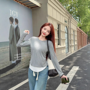 Autumn and Winter Fake Two-Piece Zipper Base Shirt Long-Sleeved Outer-Wearing Korean-Style Slim-Fit Waist Slimming All-Match Round Neck Top for Women