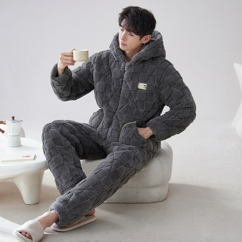 Pijamas de hombre invierno coral polar engrosado forrado de lana de tres capas de algodón acolchado chaqueta otoño e invierno cálido invierno ropa de casa súper gruesa