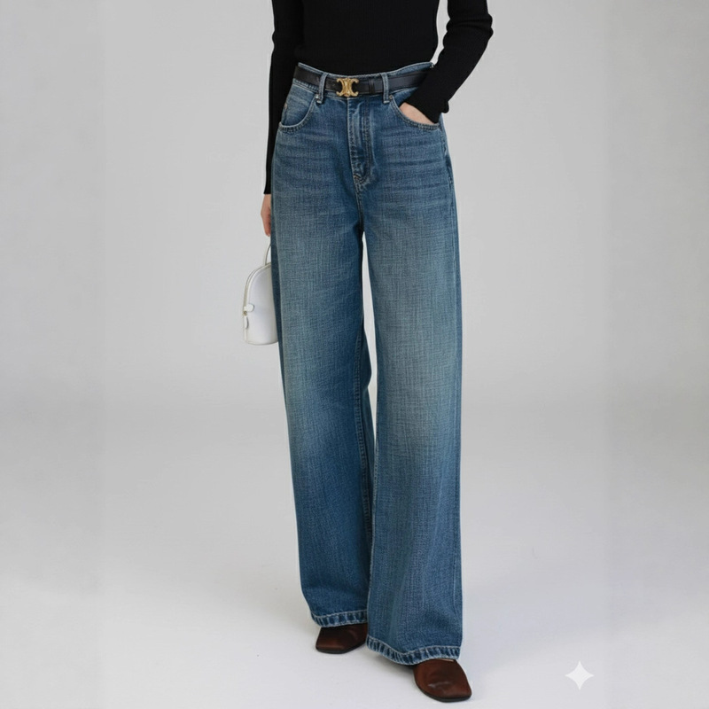 Deconstructive Margiela One-Piece High-Waisted Denim Pants Made of High-Thread-Count Cotton, Vintage Washed Straight-Leg Slimming Trousers for Women