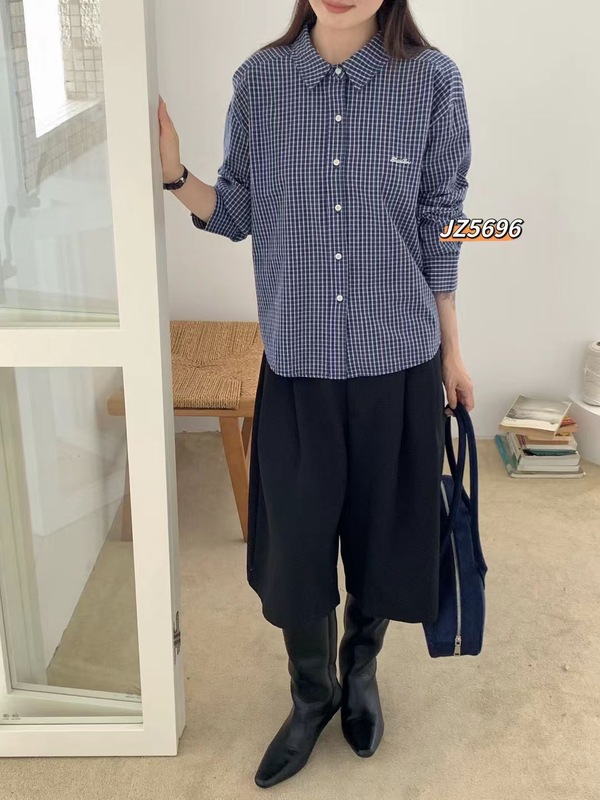 秋季韩系新款格调时尚格纹刺绣翻领衬衫宽松叠穿舒适长袖上衣ZR|undefined