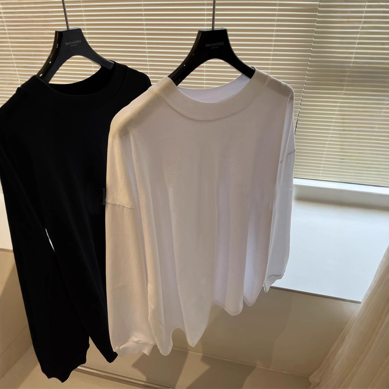 Simple Relaxation Neck Sleeves Casual Elegant Lazy Elegant Small Wide Neck Shoulder Sweatshirt Long Sleeve Wide Neck White T-shirt