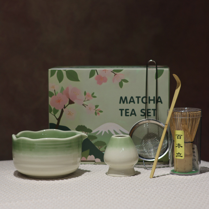 花口グラデーショングレーズ抹茶ボウル口付き抹茶道具セット日本製窯焼き粗陶茶ボウル百本立抹茶|undefined