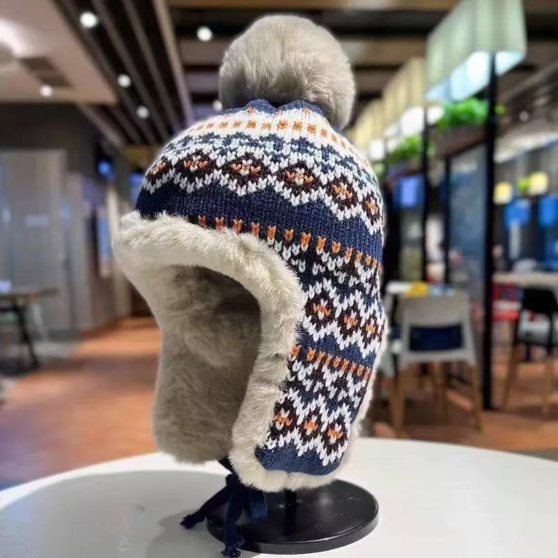 民族风帽子女冬款针织保暖骑行防寒加绒加厚显脸小护耳棉帽雷锋帽|undefined