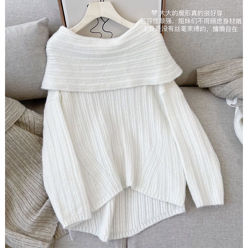 Irregular One-Line Collar, Off-Shoulder Knitted Sweater, Autumn and Winter New Style, Puff Sleeves, Loose and Elegant French Top for Outer Wear