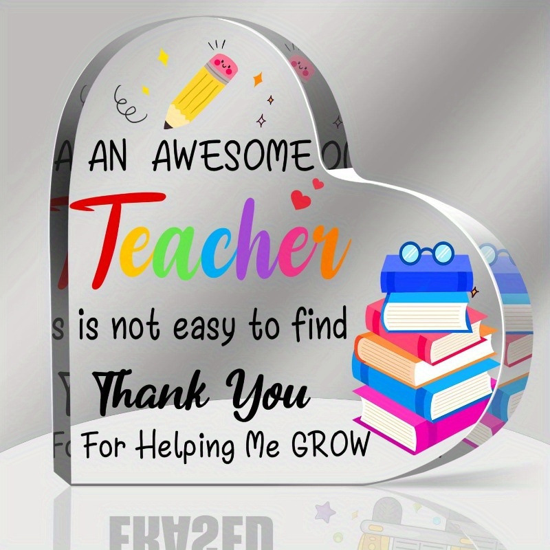 教师节感恩亚克力纪念牌，心形设计 - 彩色书籍、铅笔与星星装饰