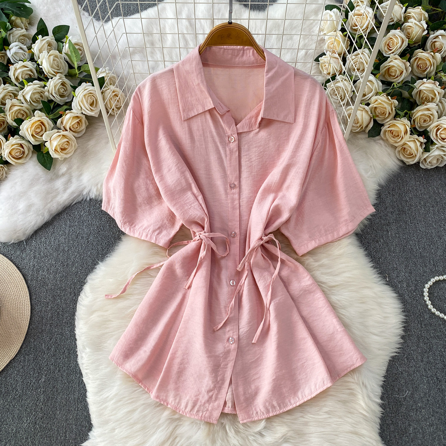 High-Waisted Slimming Collared Shirt with Side Ties And Wide Leg Trousers Women's Outfit Casual Style Set_ecoleips.com