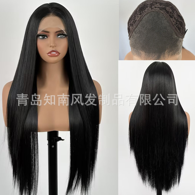 Black Synthetic Wig with Hand-Tied Lace Front 13X4 High-Temperature Fiber Long Straight Hair Women's Full Wig Coswigs