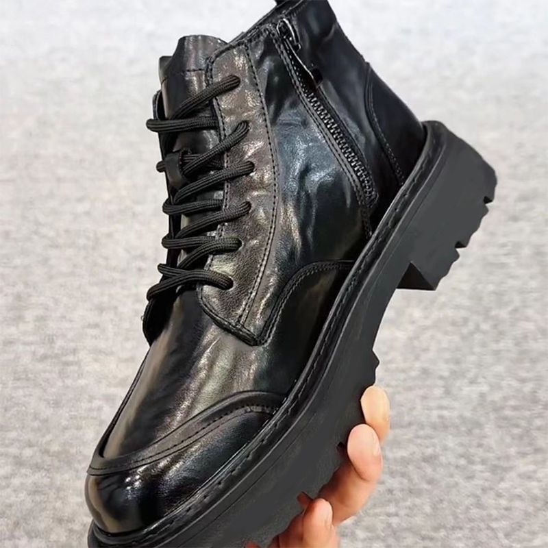 2025 invierno nuevo negocio botas cálidas de terciopelo hombre redonda moda británico versátil zapatos de cuero locomotora suave