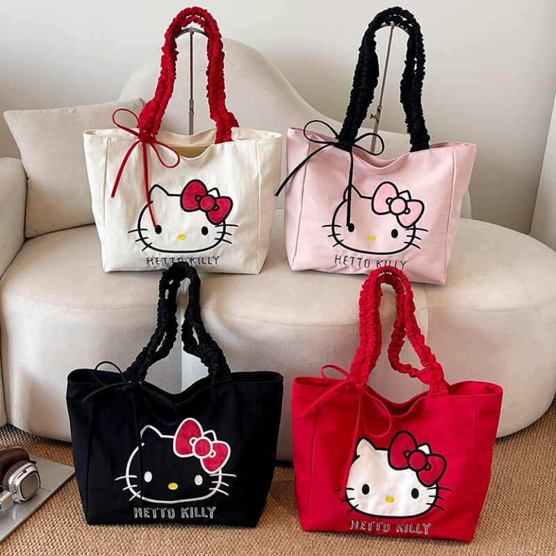 Korean niche Kitty embroidered tote bag for women, sweet pleated cartoon Hello Kitty large-capacity shoulder bag handbag