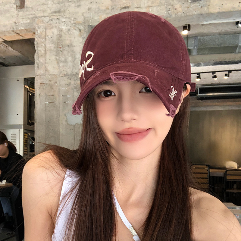 Agujeros estadounidenses lavados para hacer viejos sombreros de béisbol de vaqueros mujeres retro versátil cara pequeña gorra ancha sombrero de boca de pato superior suave