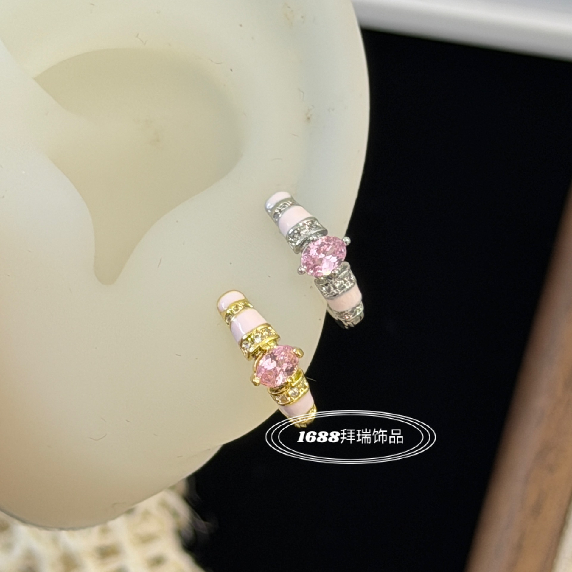 High-End Glazed Pink Oval Zirconia Inlaid Gold and Silver Straight Pin Earrings, Commuter Style, Exquisite Light Luxury Fashion, Korean Style