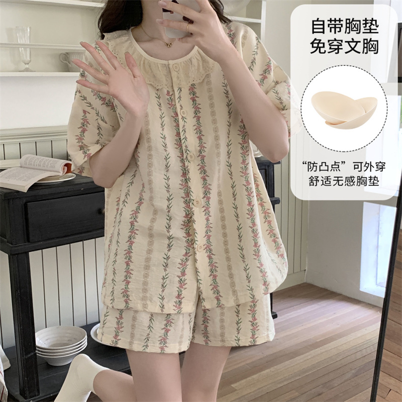 新しい漫画のかわいいクラウドコットンパジャマ、女性用半袖ショーツ、屋外で着用可能、胸パッド付きホームウェア、カーディガンスタイル