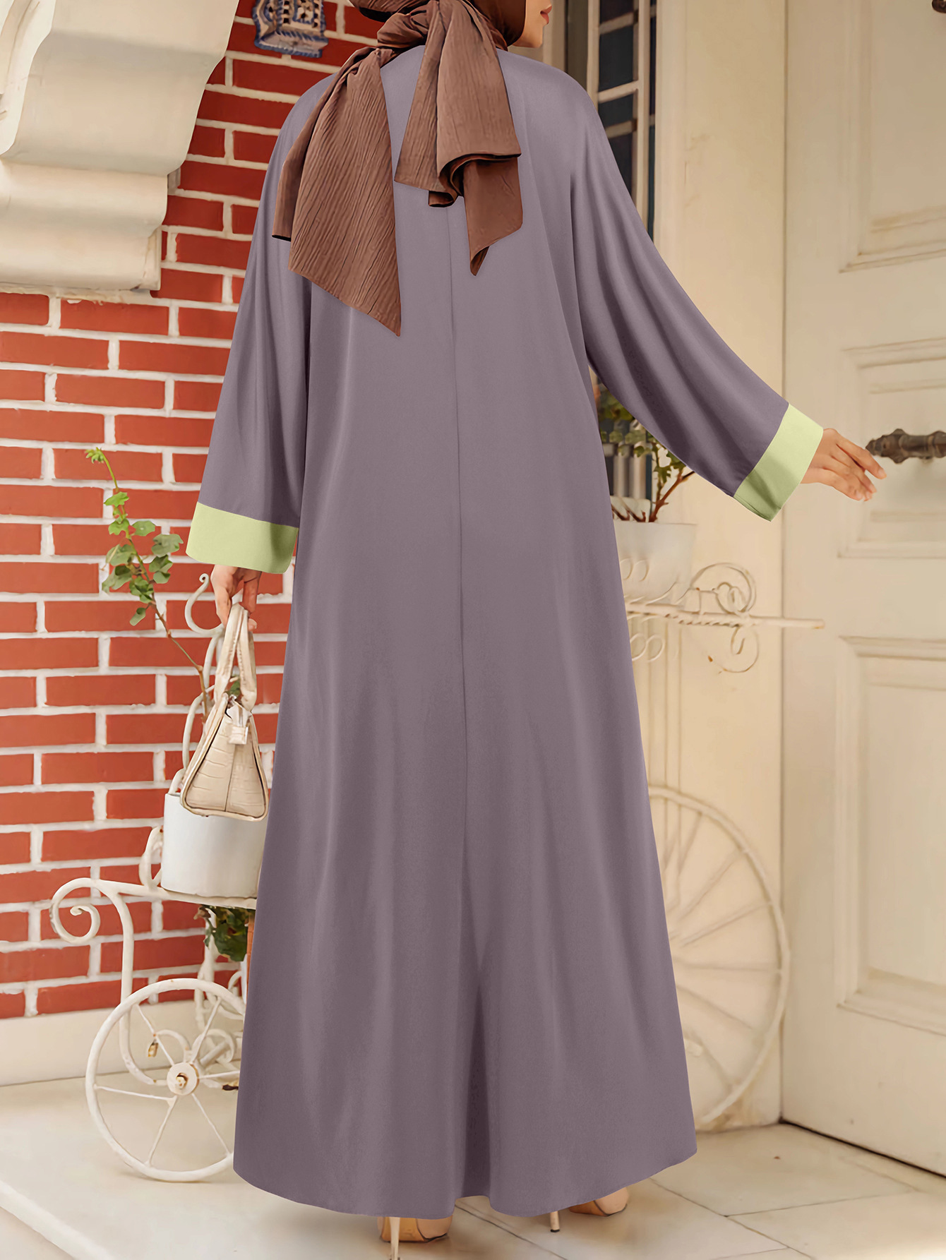 2025 Spring/Summer New Middle Eastern Arab Women's Loose Elegant Contrast Color Round Neck Robe Dress_ecoleips.com