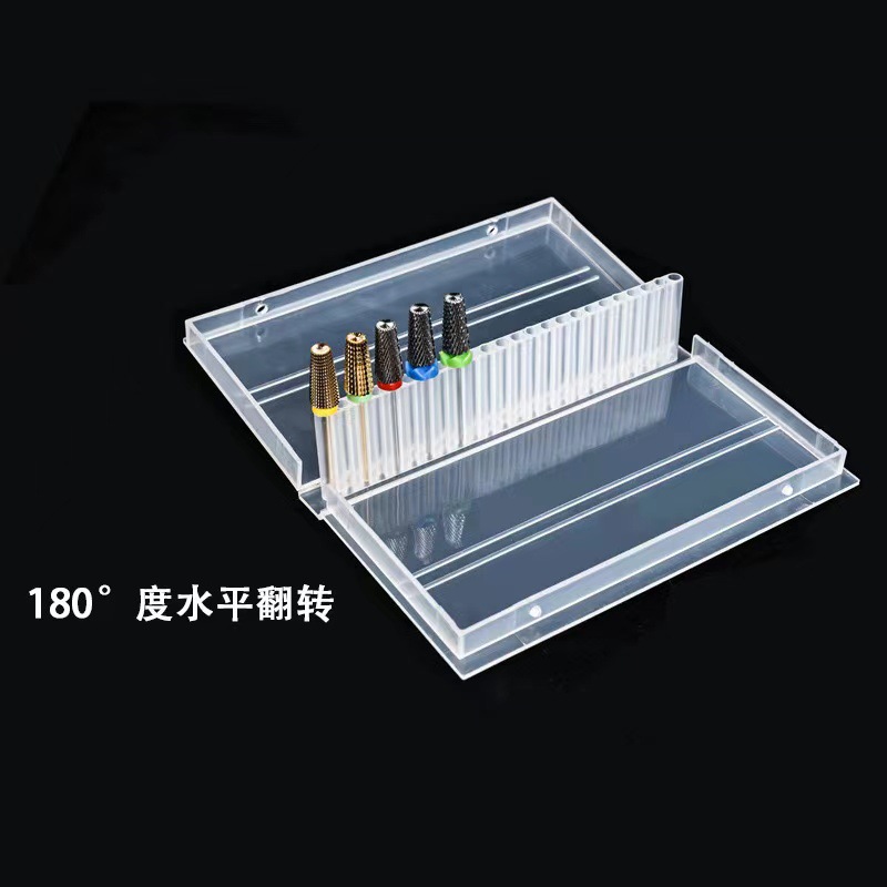 Uñas transfronterizas Caja de almacenamiento de cabezal de molienda de 24 agujeros Tratamiento frontal portátil Soporte de herramientas de pantalla abatible a prueba de polvo