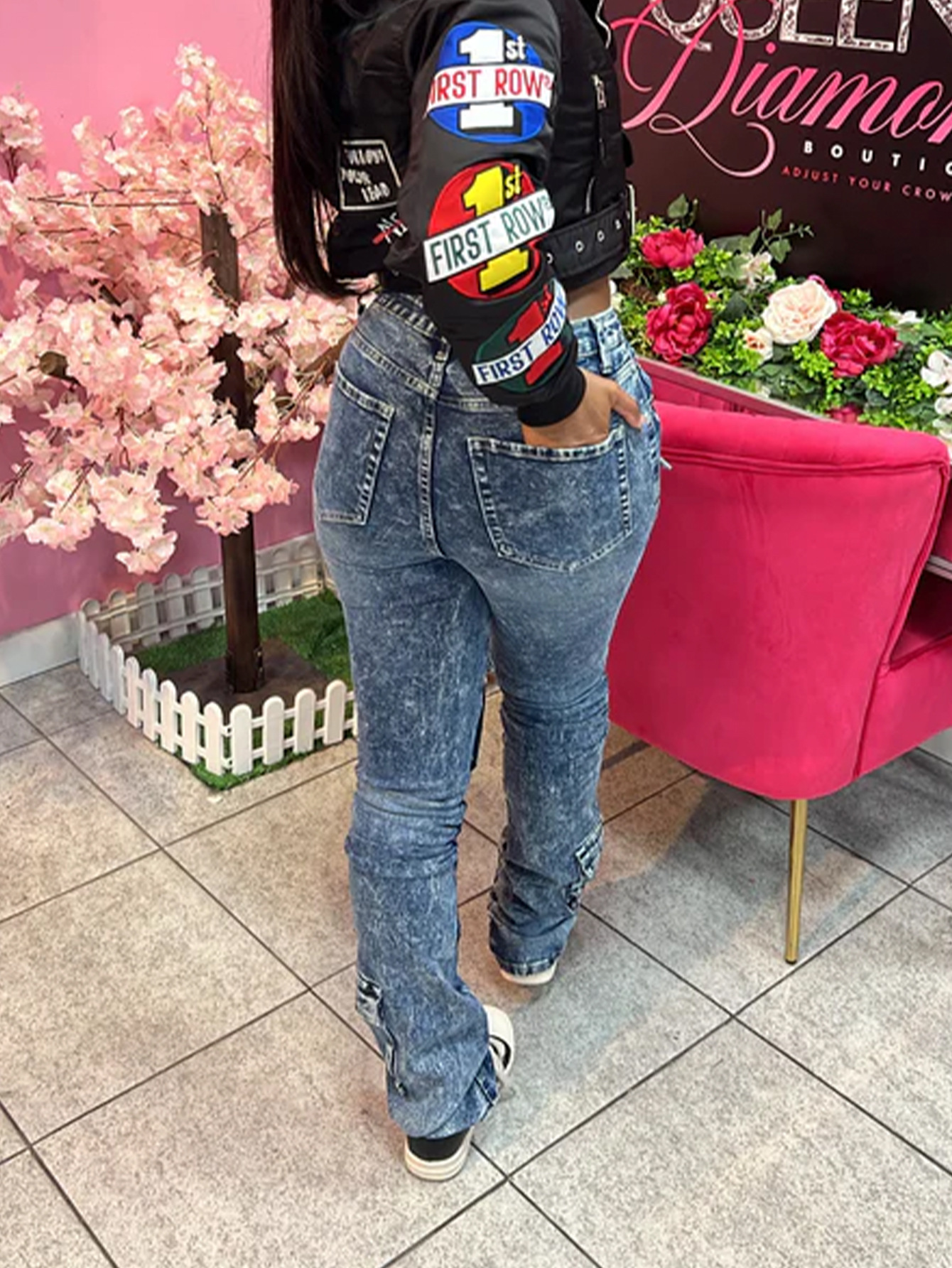 Women's Stacked Cargo Jeans – Stretch Denim Wide-Leg Pants With Utility Pockets (S-XL, Blue)_mkmklike.com