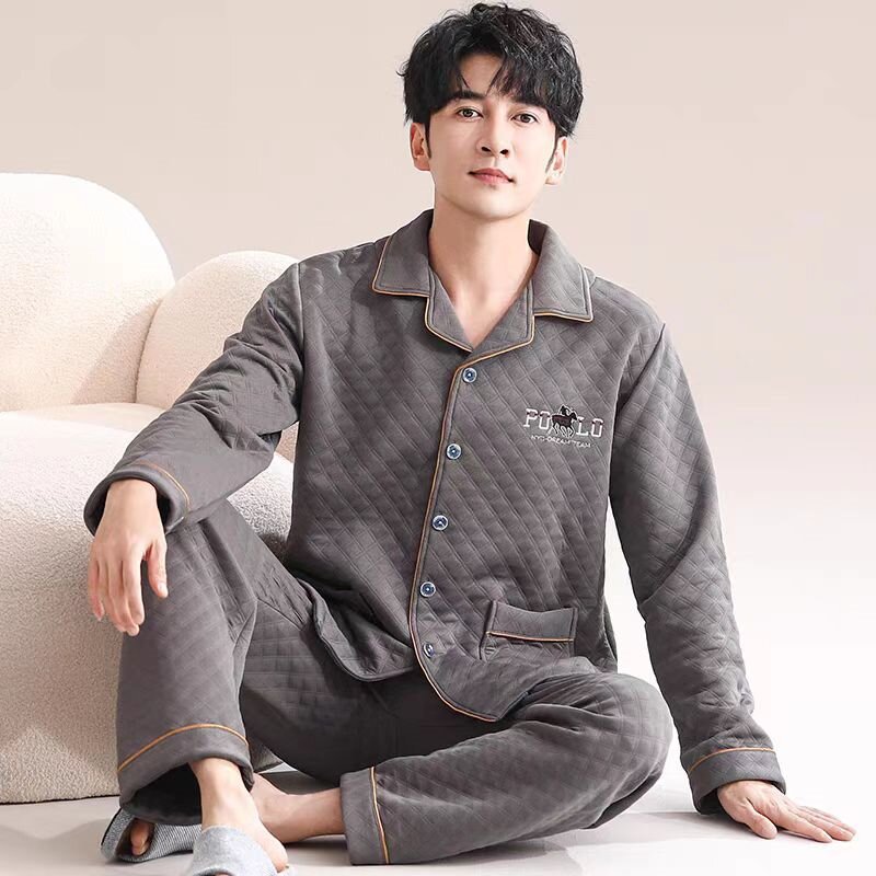 Pijamas de algodón puro para hombres de primavera y otoño engrosado de manga larga para hombres de otoño e invierno ropa de hogar de invierno para hombres acolchada fina