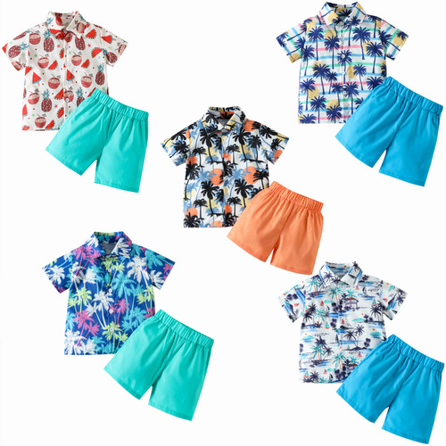  new summer boys casual suit Hawaiian clothing seaside vacation printed shirt + shorts suit