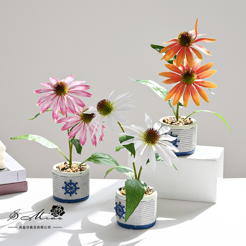 Nuevo estilo transfronterizo de dos cabezas de equinácea pequeño bonsái decoración de estudio fotográfico de hogar creativo decoración de planta verde artificial simulación en maceta image 5
