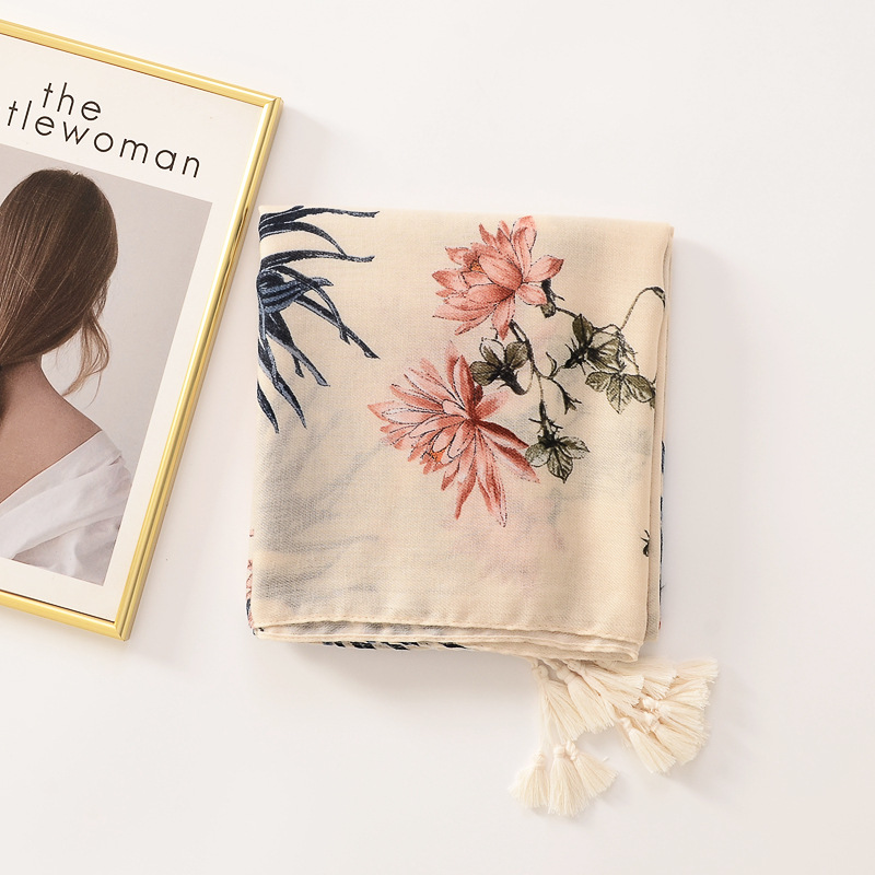 Elegante bufanda de seda fresca de algodón y lino decoración de flores de plantas borla larga bufanda grande con aire acondicionado chal fino