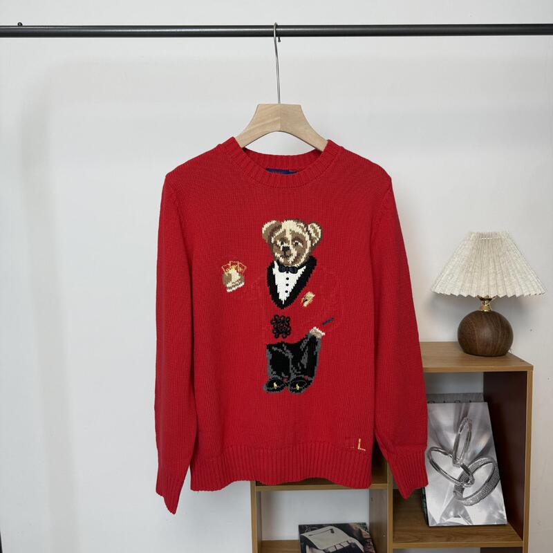 High-Quality/Scannable Qr Code New Year Style Bear-Themed Autumn/Winter 2025 Cotton Heavy Embroidery Cartoon Crew Neck Sweater Knitwear