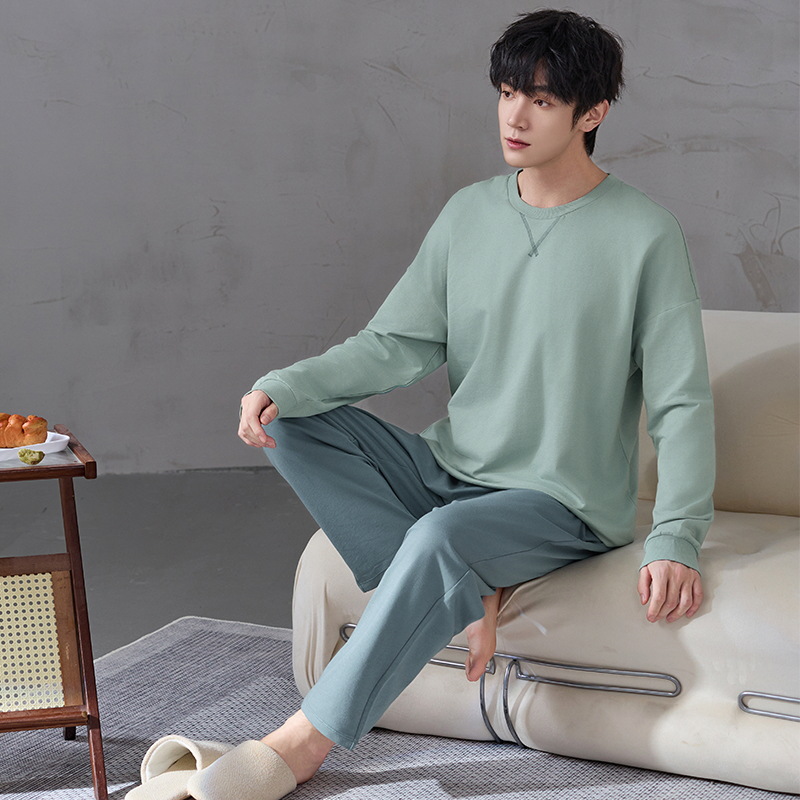 Pijamas de algodón de manga larga para hombres primavera y otoño ocio simple algodón 2024 nuevo conjunto de ropa de hogar de cuello redondo juvenil