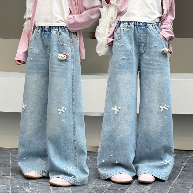 Free Kt Cat Pendant, Girls' Autumn Denim Wide-Leg Pants, Kids' Beaded Bow, Cute Girls' Jeans Free Kt Cat Pendant, Girls' Autumn Denim Wide-Leg Pants, Kids' Beaded Bow, Cute Girls' Jeans