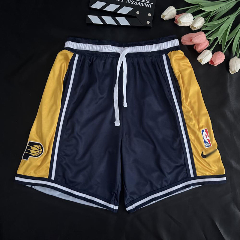 Nba Pacers Blue and Yellow Color-Blocked Basketball Shorts with Embroidered Logo, Quick-Dry Sports Training Shorts in American Style Nba Pacers Blue and Yellow Color-Blocked Basketball Shorts with Embroidered Logo, Quick-Dry Sports Training Shorts in American Style