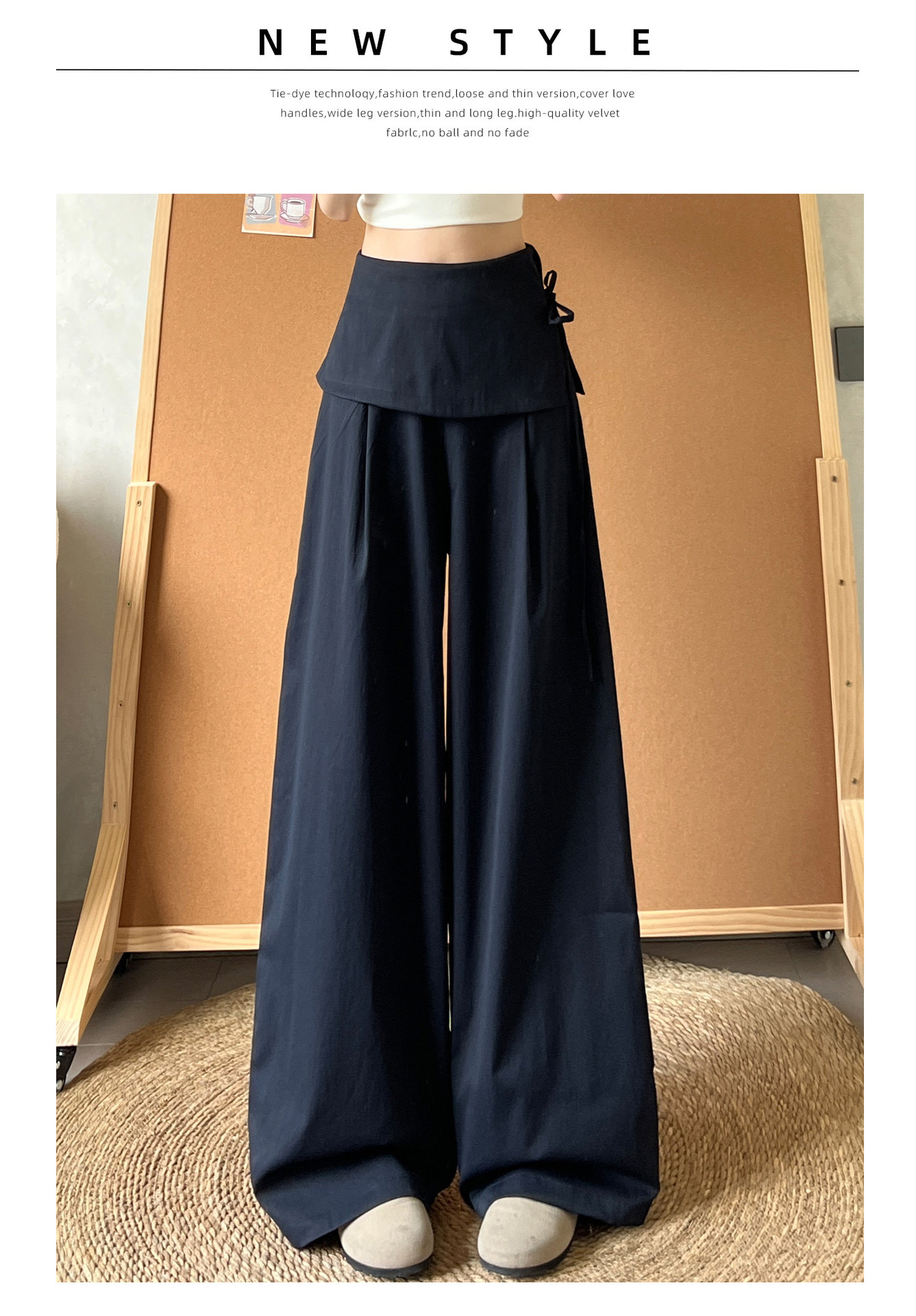 Quần culottes nữ ống rộng cạp cao phối khóa kéo bên hông chất liệu linen — Màu xám đậm (Extended) chi tiết 7