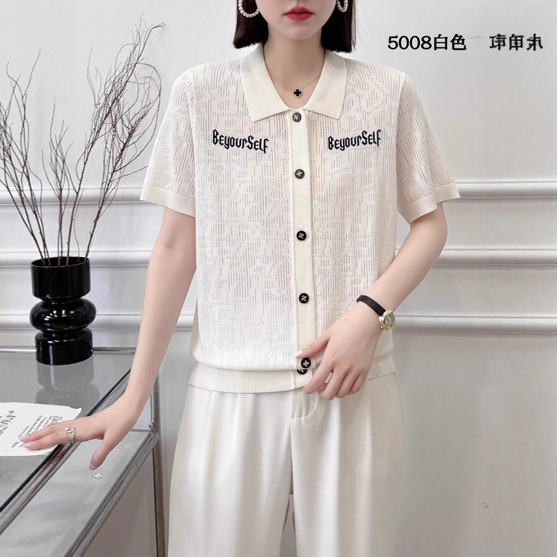 Summer New Fashion Age-Reducing Middle-Aged and Elderly Mother's T-Shirt Collar Pick-Hole Knitted Thin Breathable Cardigan Short Sleeves