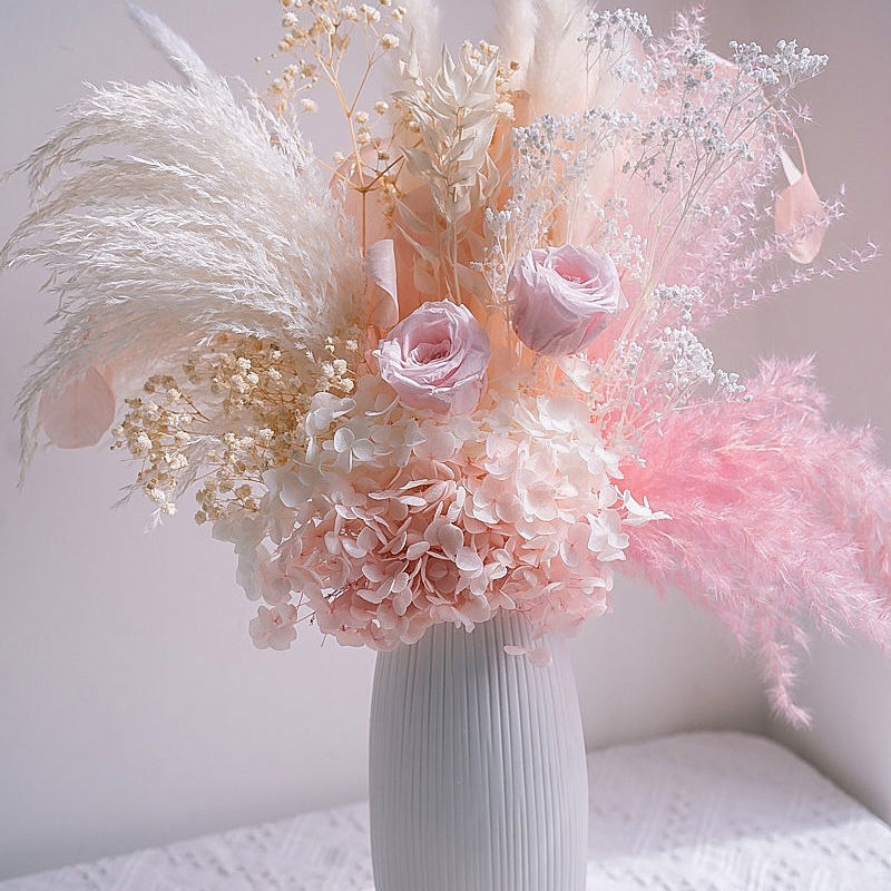 Ewige Rose, Schleierkraut, Feder, echter Trockenblumenstrauß, Heimdekoration, Schreibtischornament_voghion.com
