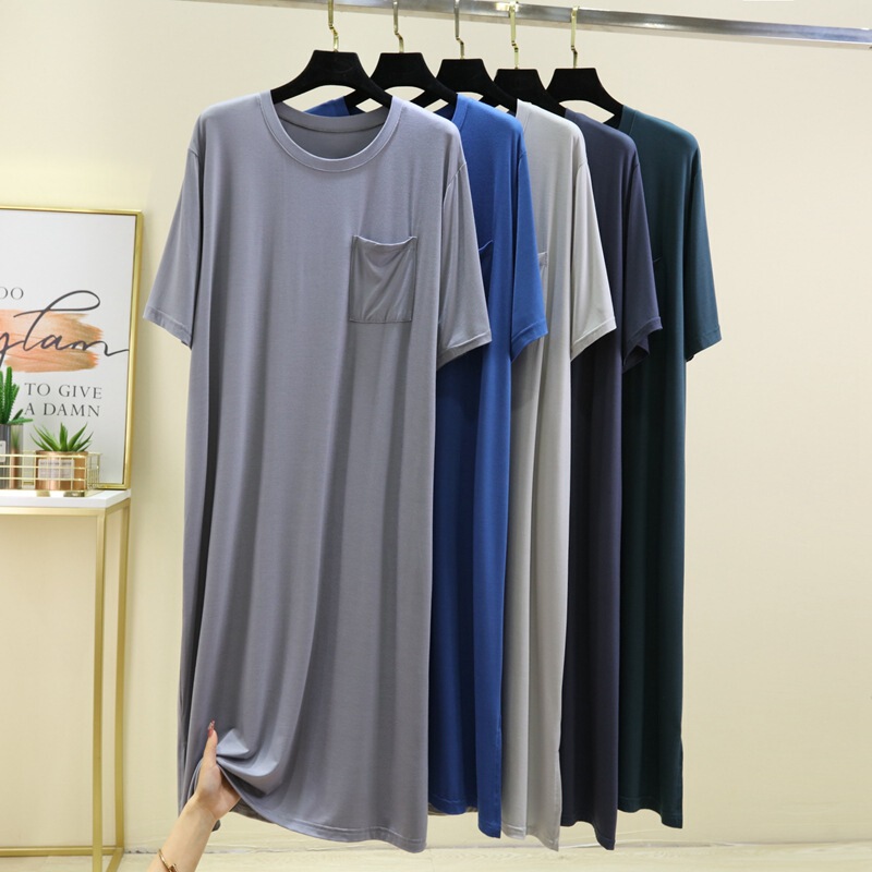 Modal Nightgown for Men, Long Over-The-Knee Robe, Comfortable and Loose-Fitting, Plus Size, Mid-Length Bathrobe Dress