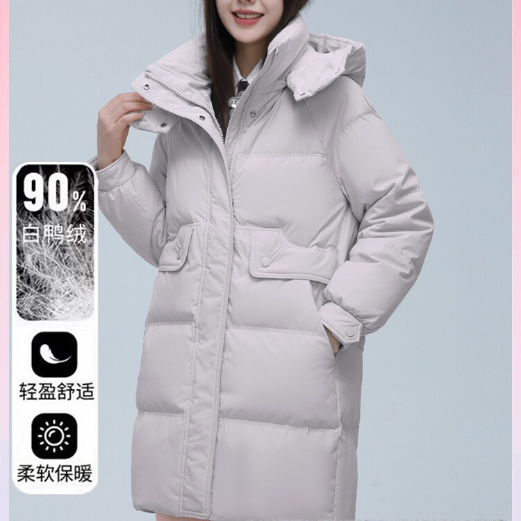 撤柜外贸品正白鸭绒羽绒服女中长款2024冬新款可拆卸帽保暖外套潮