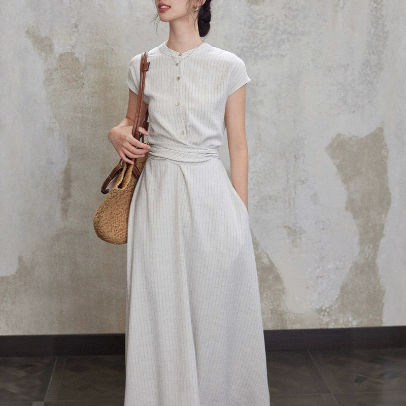 Eryang Design【Jiusheng】Commuter Intellectual Style White Striped Dress Women's Short Sleeve Shirt Dress Long Dress Eryang Design【Jiusheng】Commuter Intellectual Style White Striped Dress Women's Short Sleeve Shirt Dress Long Dress