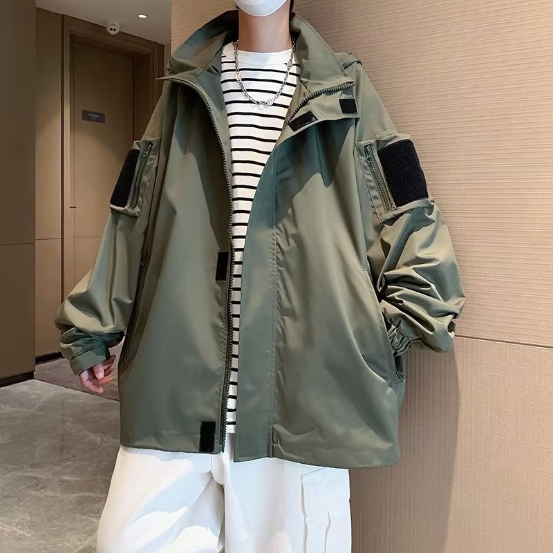 2022 Spring and Autumn Velcro Hooded Jacket Men's Charge Clothing Trendy Brand Loose Casual Clothes Student Work Jacket