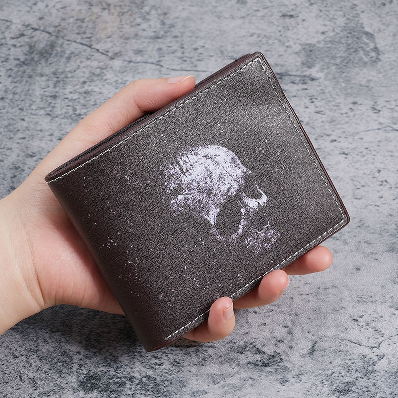 Cartera de cráneo de murciélago transfronterizo, cartera corta, cráneo retrógrado impresión, bolso de cambio de dos veces para hombres y mujeres